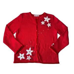 Mercer Street Studio Poinsettia Christmas Cardigan Sweater PM Red Velvet Trim